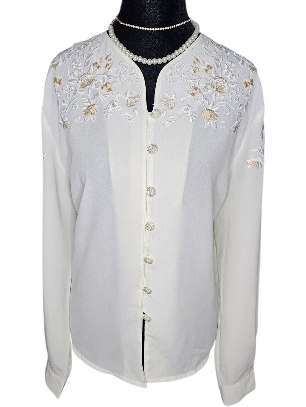 VINTAGE 90s Ship 'n Shore Floral Embroidered Blouse | Rose Buttons | Size 12